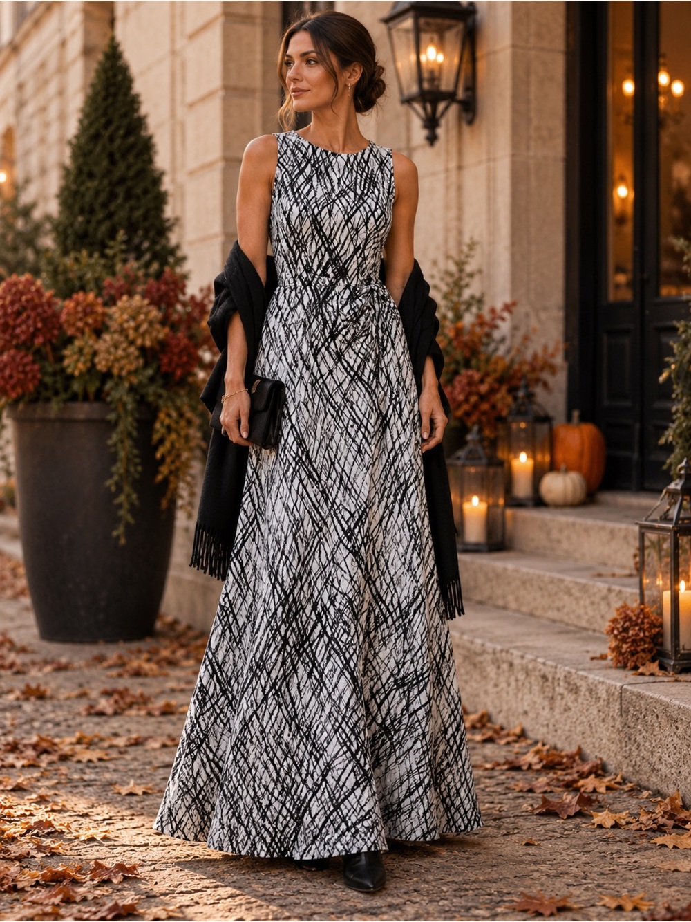 BCBGMaxAzria Chloe Black White Abstract Brushstroke Open‎ Back Maxi Dress 0